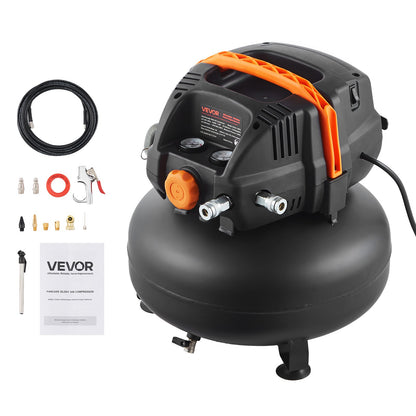 VEVOR 6 Gallon Air Compressor, 1.7HP 2.3CFM@90PSI Portable Pancake Air Compressor & 150PSI Max Pressure, 12-Piece Accessory Kit with 50FT Air Hose for Tire Inflation, Spray Painting, Woodwork Nailing - BSKYJYX230V6SO351001V4 - view 1