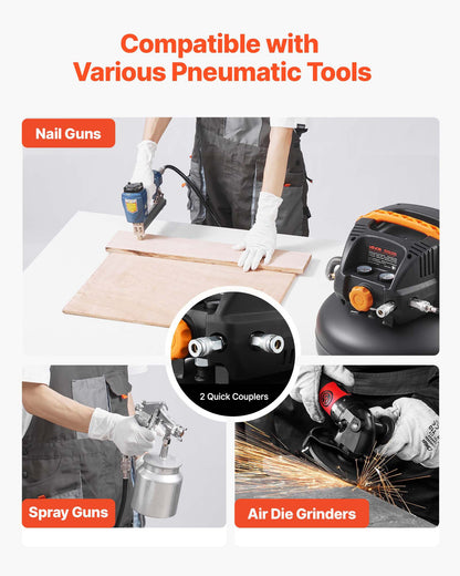 VEVOR 6 Gallon Air Compressor, 1.7HP 2.3CFM@90PSI Portable Pancake Air Compressor & 150PSI Max Pressure, 12-Piece Accessory Kit with 50FT Air Hose for Tire Inflation, Spray Painting, Woodwork Nailing - BSKYJYX230V6SO351001V4 - view 5