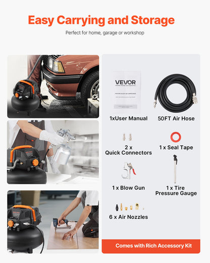 VEVOR 6 Gallon Air Compressor, 1.7HP 2.3CFM@90PSI Portable Pancake Air Compressor & 150PSI Max Pressure, 12-Piece Accessory Kit with 50FT Air Hose for Tire Inflation, Spray Painting, Woodwork Nailing - BSKYJYX230V6SO351001V4 - view 6