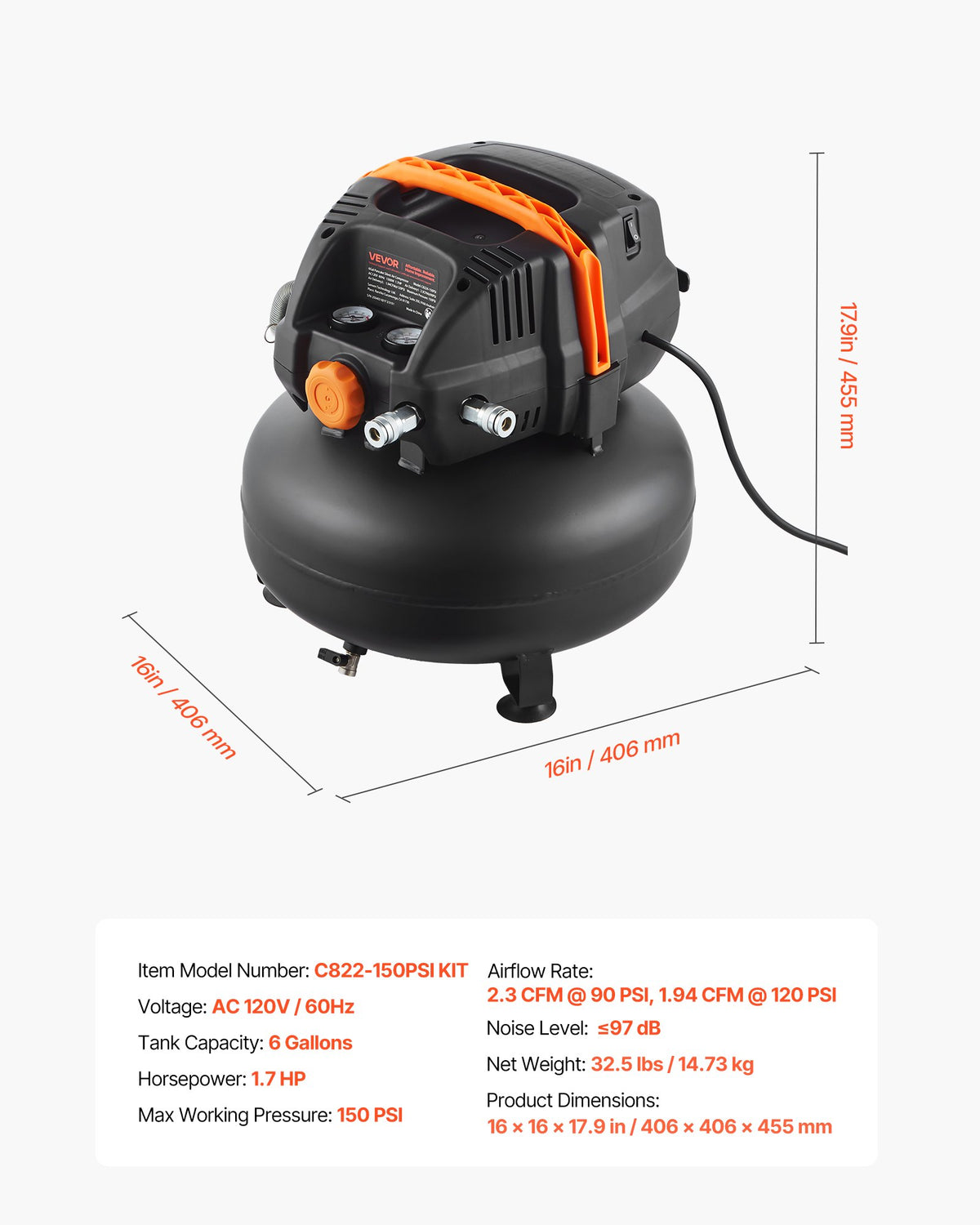 VEVOR 6 Gallon Air Compressor, 1.7HP 2.3CFM@90PSI Portable Pancake Air Compressor & 150PSI Max Pressure, 12-Piece Accessory Kit with 50FT Air Hose for Tire Inflation, Spray Painting, Woodwork Nailing - BSKYJYX230V6SO351001V4 - view 8