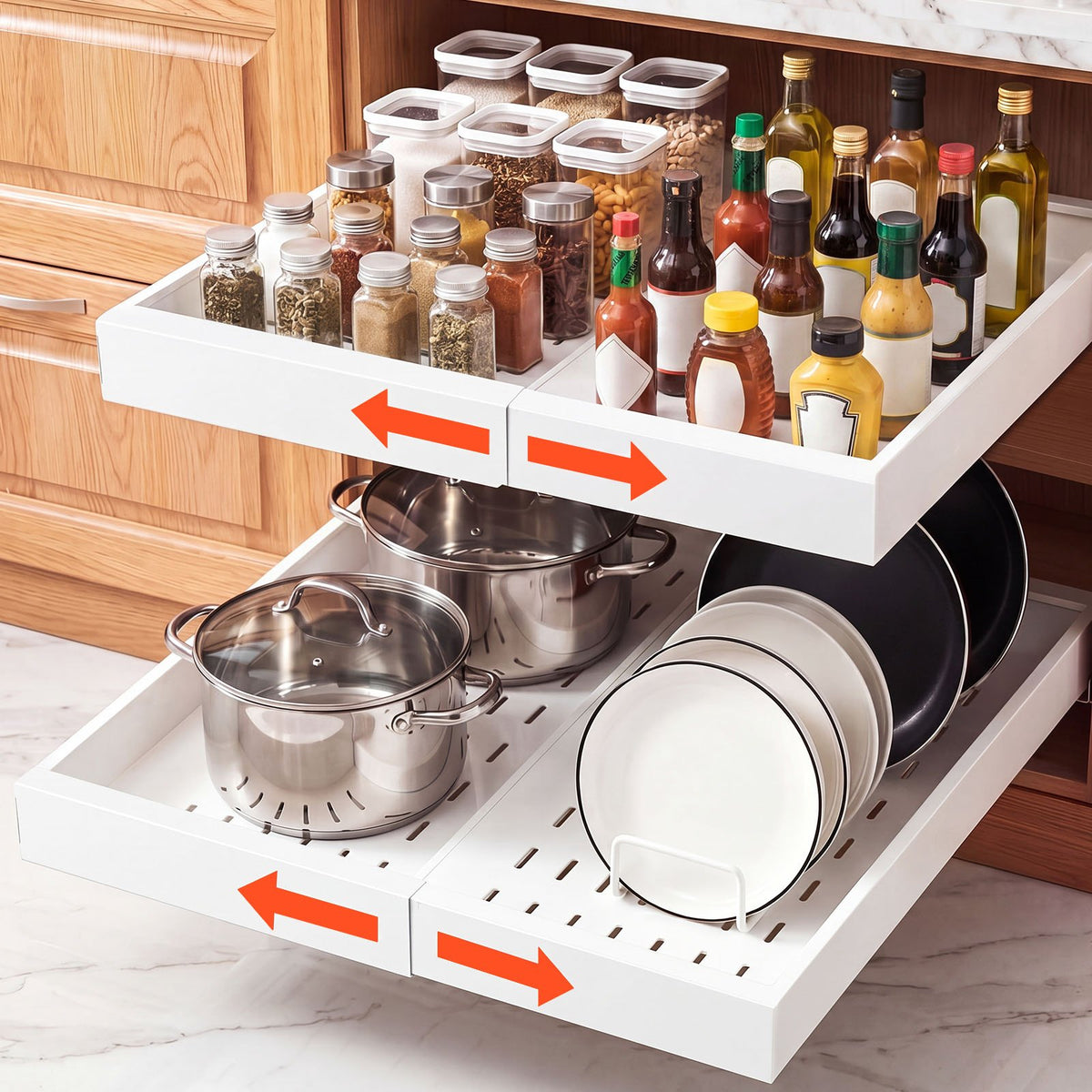 VEVOR Pull Out Cabinet Organizer, 2 Pack Expandable Width (12.2"-18.9"), 20.47" Deep Pull Out Drawers for Cabinets, Sliding Drawer for Kitchen Pantry Cabinet Organizer with Nano Adhesive Strips, White - BSLL21YCBS2GCPXD7001V0 - view 1