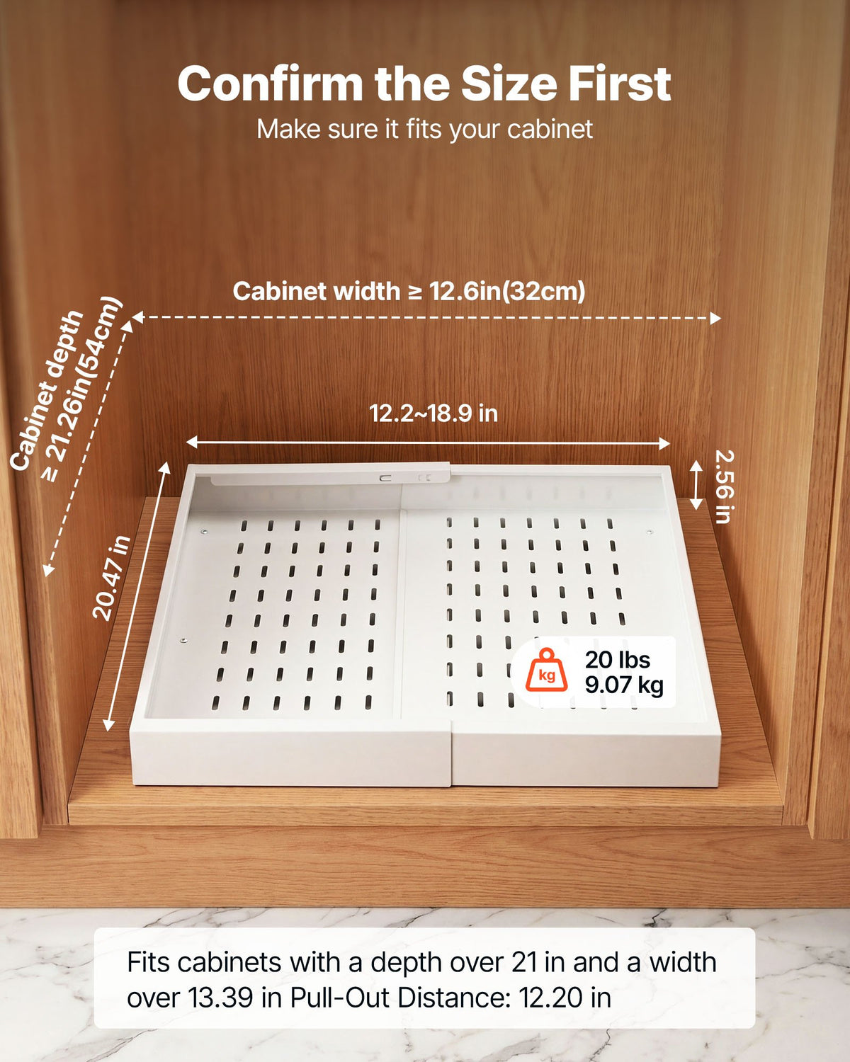 VEVOR Pull Out Cabinet Organizer, 2 Pack Expandable Width (12.2"-18.9"), 20.47" Deep Pull Out Drawers for Cabinets, Sliding Drawer for Kitchen Pantry Cabinet Organizer with Nano Adhesive Strips, White - BSLL21YCBS2GCPXD7001V0 - view 3