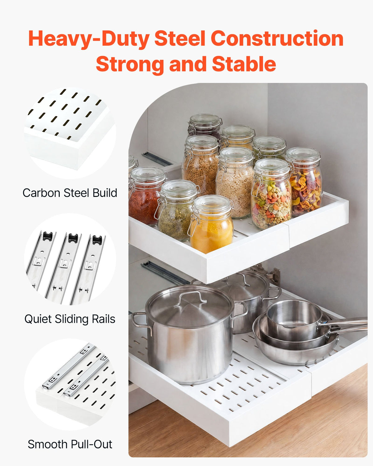 VEVOR Pull Out Cabinet Organizer, 2 Pack Expandable Width (12.2"-18.9"), 20.47" Deep Pull Out Drawers for Cabinets, Sliding Drawer for Kitchen Pantry Cabinet Organizer with Nano Adhesive Strips, White - BSLL21YCBS2GCPXD7001V0 - view 5
