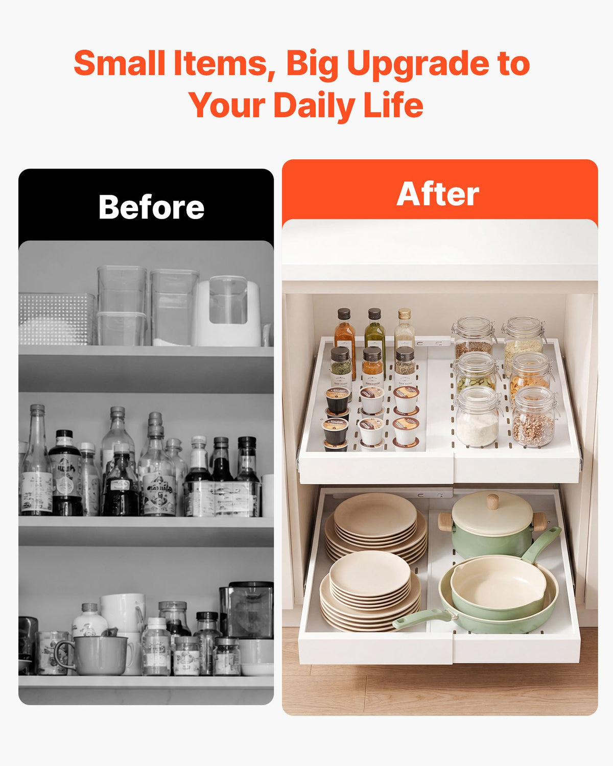 VEVOR Pull Out Cabinet Organizer, 2 Pack Expandable Width (12.2"-18.9"), 20.47" Deep Pull Out Drawers for Cabinets, Sliding Drawer for Kitchen Pantry Cabinet Organizer with Nano Adhesive Strips, White - BSLL21YCBS2GCPXD7001V0 - view 7