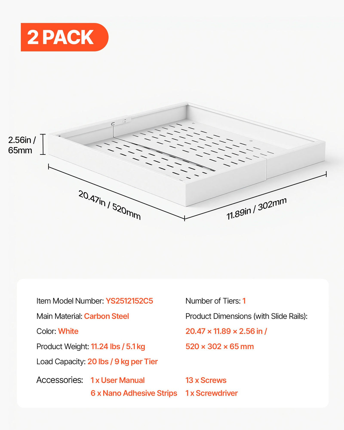 VEVOR Pull Out Cabinet Organizer, 2 Pack Expandable Width (12.2"-18.9"), 20.47" Deep Pull Out Drawers for Cabinets, Sliding Drawer for Kitchen Pantry Cabinet Organizer with Nano Adhesive Strips, White - BSLL21YCBS2GCPXD7001V0 - view 8