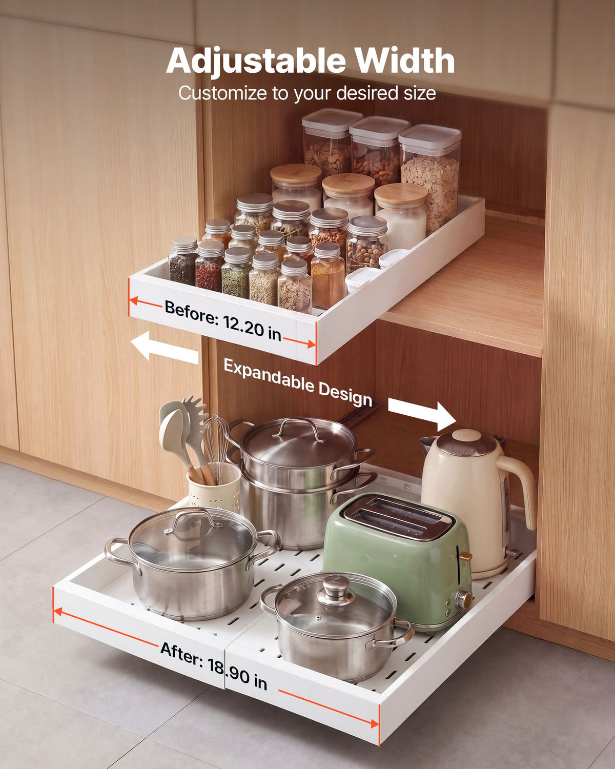 VEVOR Pull Out Cabinet Organizer, 4 Pack Expandable Width (12.2"-18.9"), 20.47" Deep Pull Out Drawers for Cabinets, Sliding Drawer for Kitchen Pantry Cabinet Organizer with Nano Adhesive Strips, White - BSLL21YCBS4GKRBXL001V0 - view 4