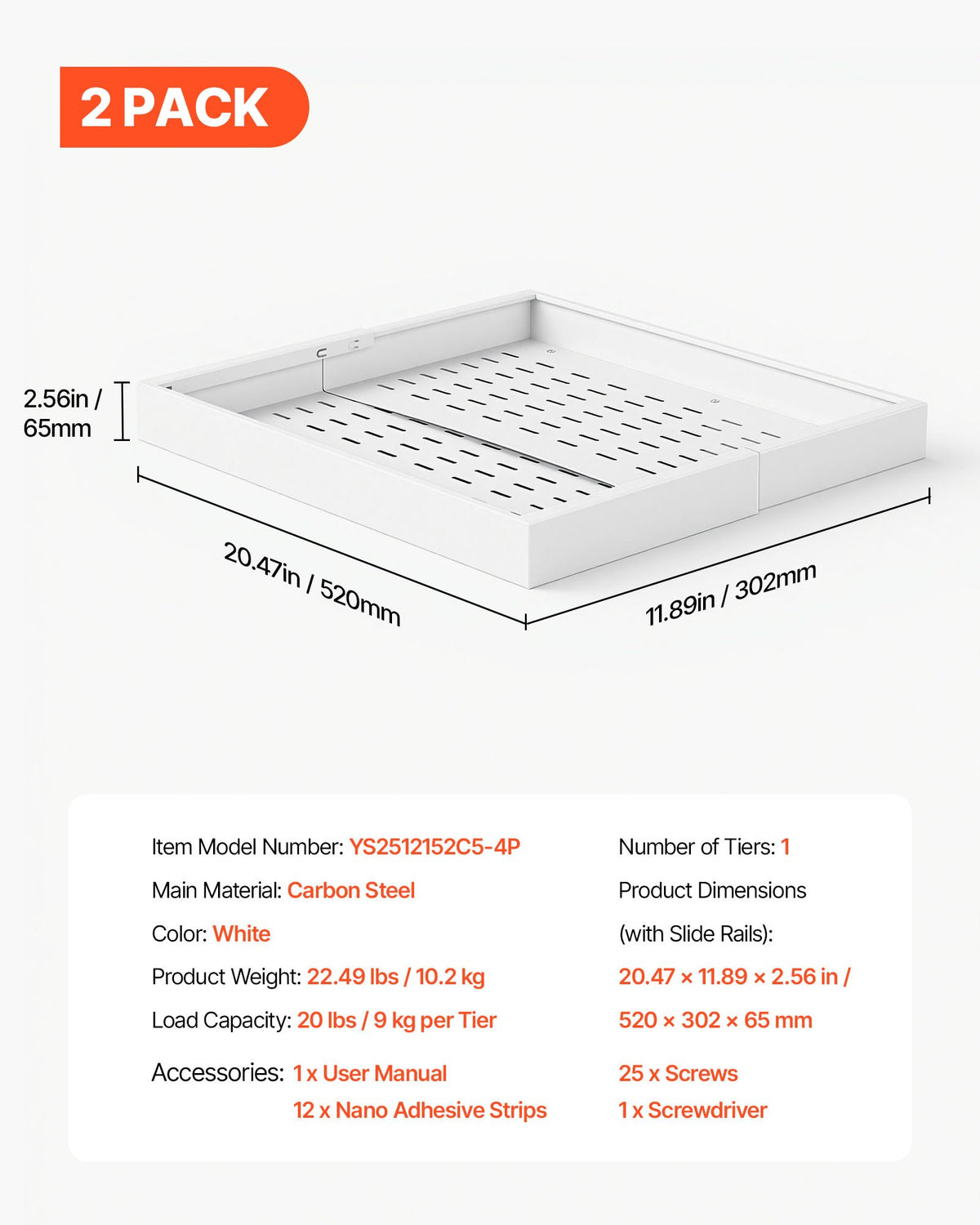 VEVOR Pull Out Cabinet Organizer, 4 Pack Expandable Width (12.2"-18.9"), 20.47" Deep Pull Out Drawers for Cabinets, Sliding Drawer for Kitchen Pantry Cabinet Organizer with Nano Adhesive Strips, White - BSLL21YCBS4GKRBXL001V0 - view 8