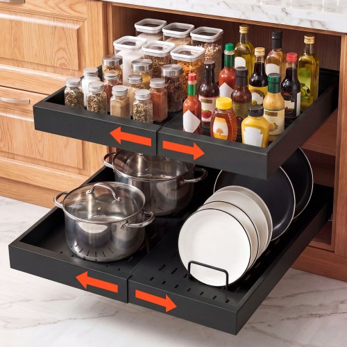 VEVOR Pull Out Cabinet Organizer, 2 Pack Expandable Width (12.2"-18.9"), 20.47" Deep Pull Out Drawers for Cabinets, Sliding Drawer for Kitchen Pantry Cabinet Organizer with Nano Adhesive Strips, Black - BSLL21YCHS2GECLLO001V0 - view 2