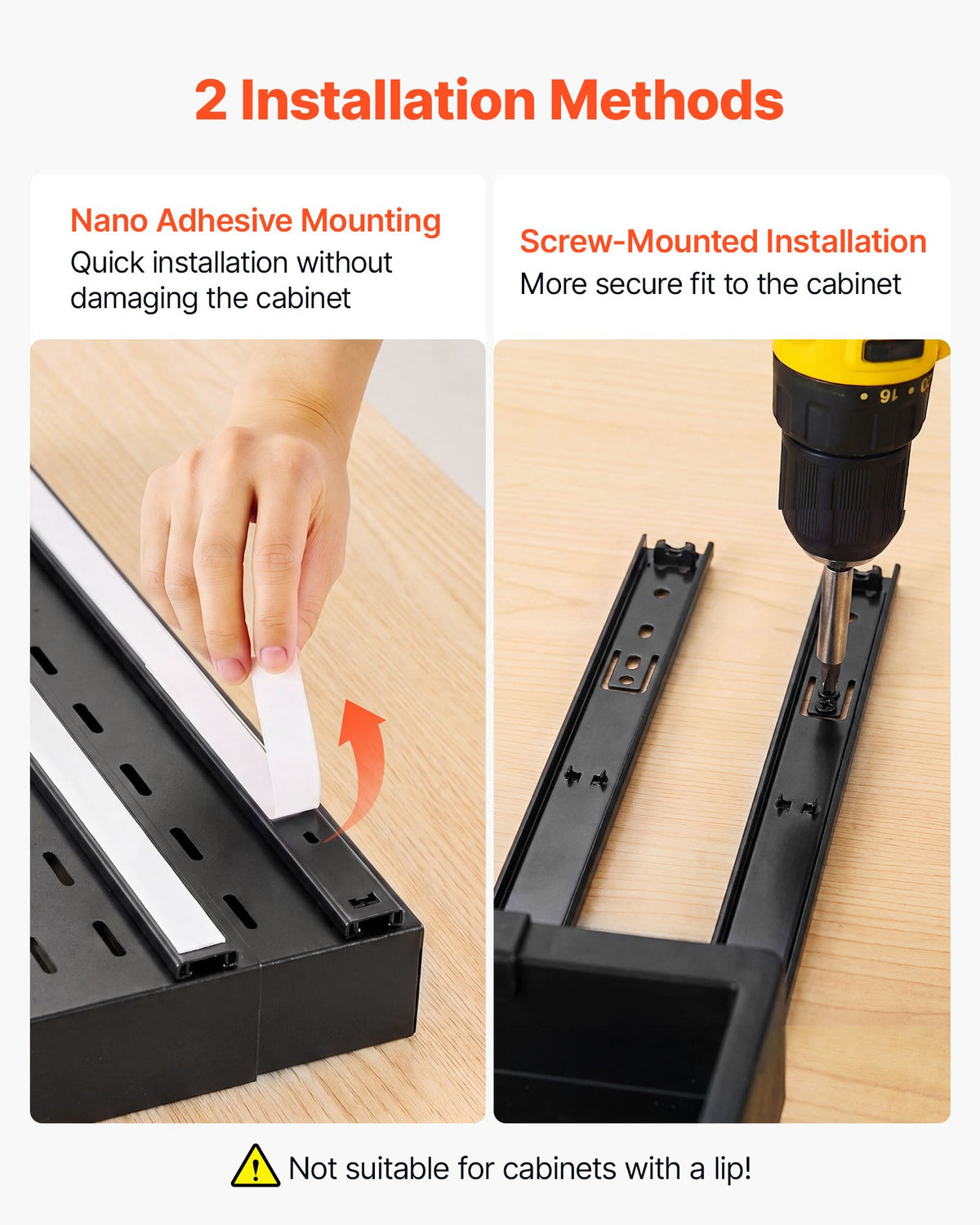 VEVOR Pull Out Cabinet Organizer, 2 Pack Expandable Width (12.2"-18.9"), 20.47" Deep Pull Out Drawers for Cabinets, Sliding Drawer for Kitchen Pantry Cabinet Organizer with Nano Adhesive Strips, Black - BSLL21YCHS2GECLLO001V0 - view 6