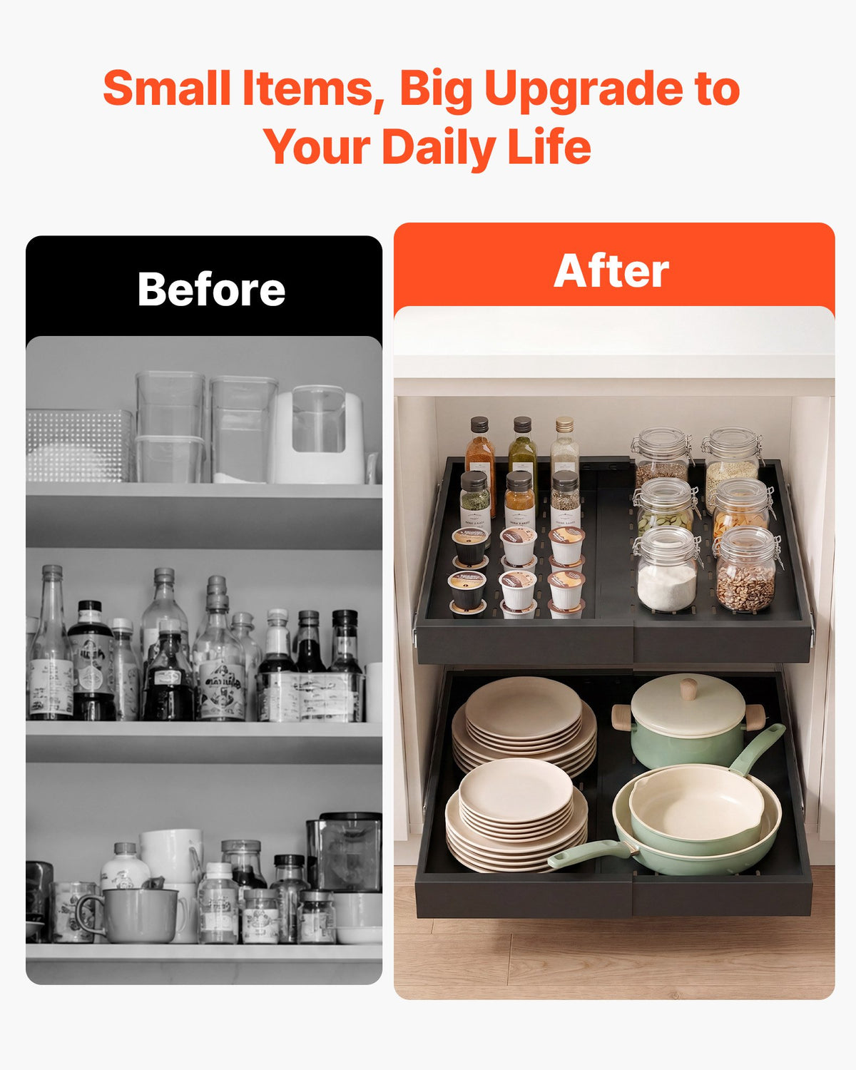 VEVOR Pull Out Cabinet Organizer, 2 Pack Expandable Width (12.2"-18.9"), 20.47" Deep Pull Out Drawers for Cabinets, Sliding Drawer for Kitchen Pantry Cabinet Organizer with Nano Adhesive Strips, Black - BSLL21YCHS2GECLLO001V0 - view 7