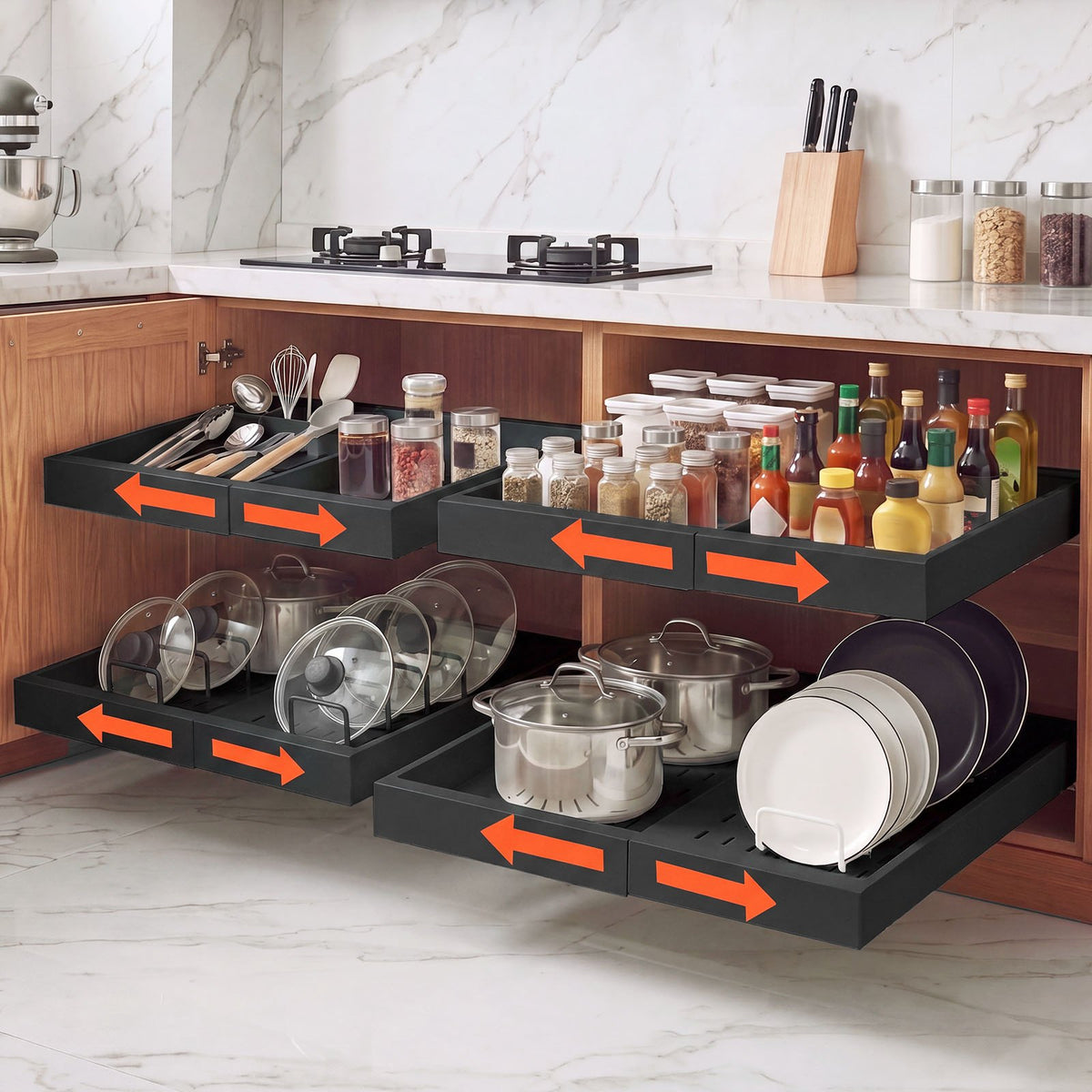VEVOR Pull Out Cabinet Organizer, 4 Pack Expandable Width (12.2"-18.9"), 20.47" Deep Pull Out Drawers for Cabinets, Sliding Drawer for Kitchen Pantry Cabinet Organizer with Nano Adhesive Strips, Black - BSLL21YCHS4GJI084001V0 - view 1
