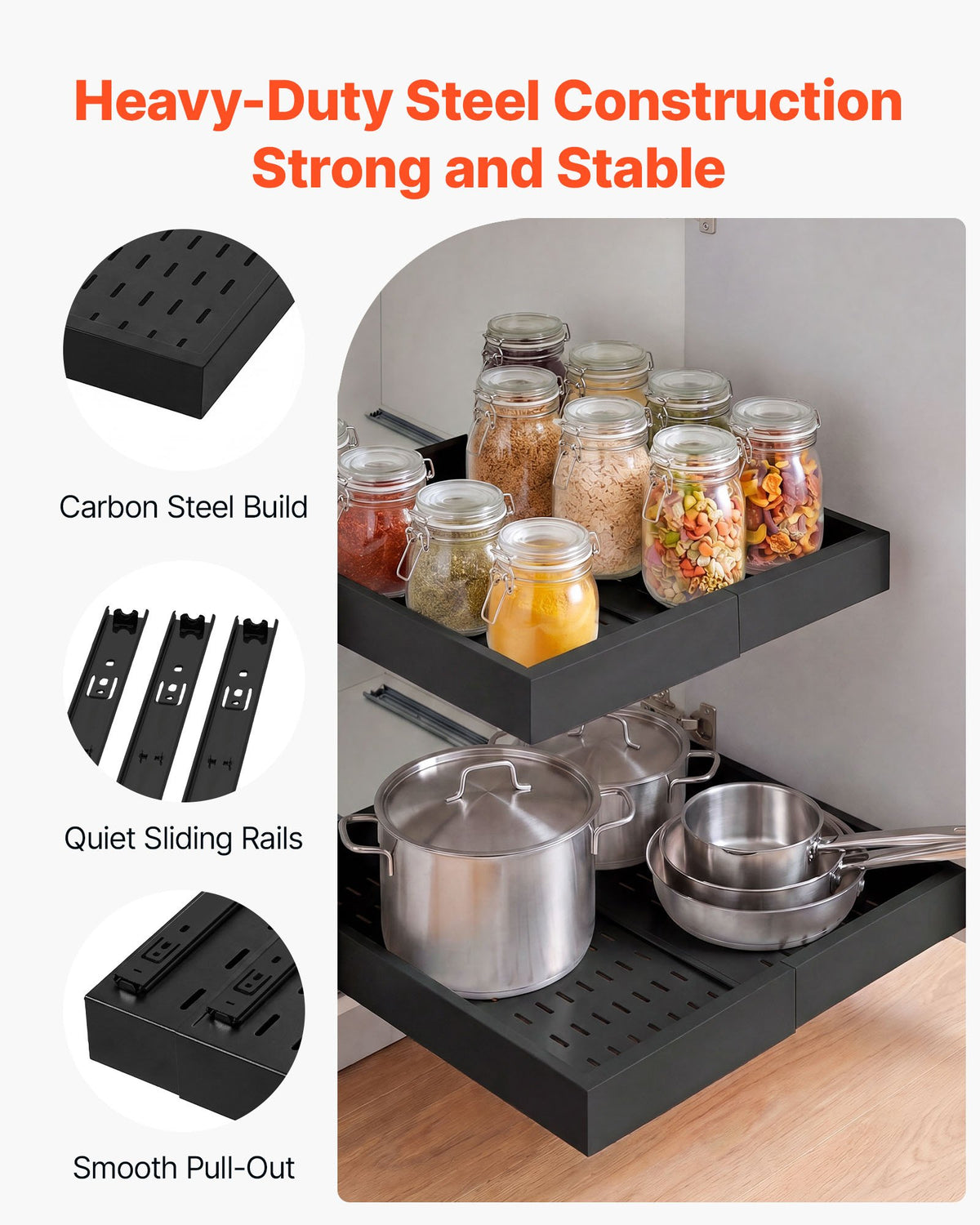 VEVOR Pull Out Cabinet Organizer, 4 Pack Expandable Width (12.2"-18.9"), 20.47" Deep Pull Out Drawers for Cabinets, Sliding Drawer for Kitchen Pantry Cabinet Organizer with Nano Adhesive Strips, Black - BSLL21YCHS4GJI084001V0 - view 5