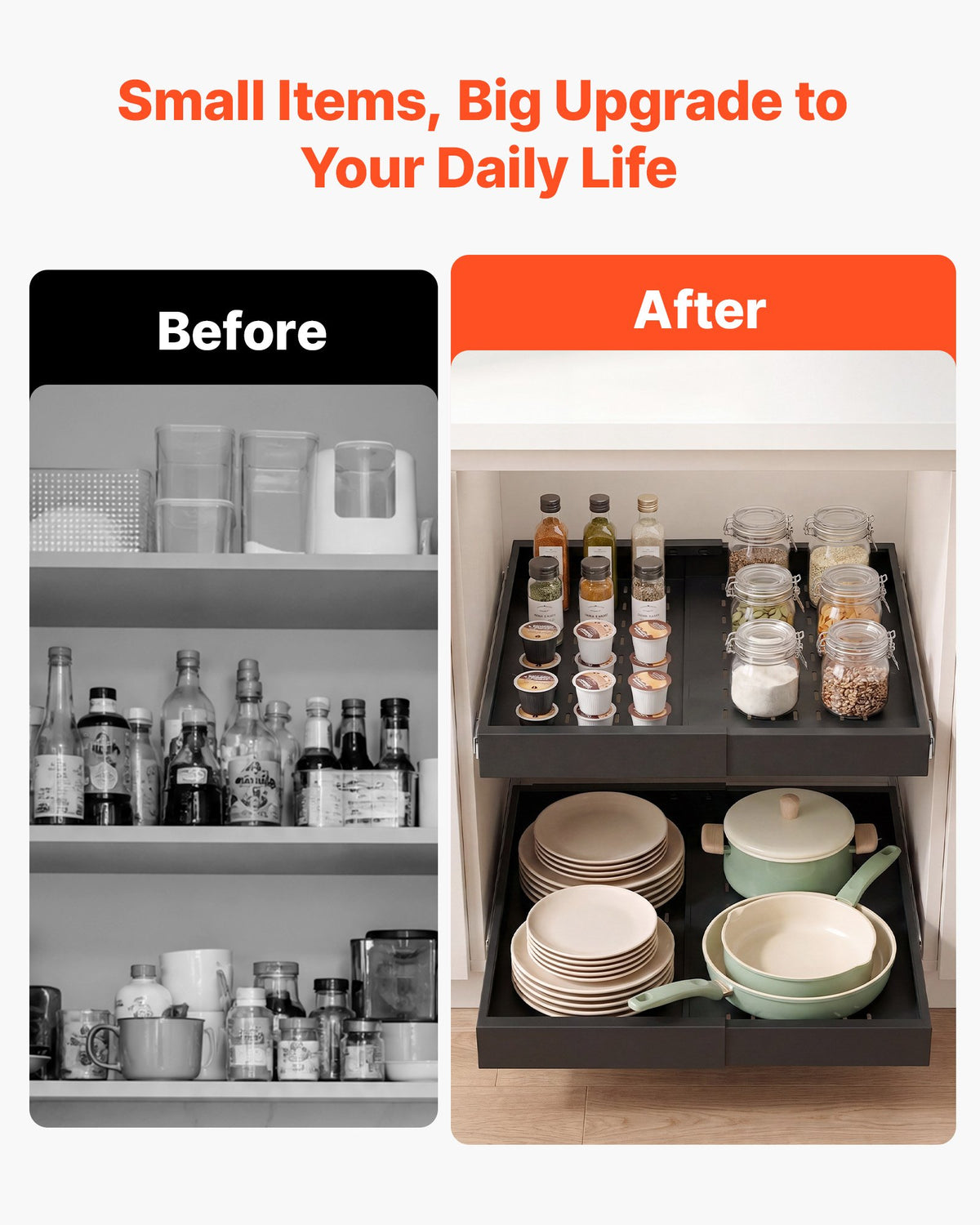 VEVOR Pull Out Cabinet Organizer, 4 Pack Expandable Width (12.2"-18.9"), 20.47" Deep Pull Out Drawers for Cabinets, Sliding Drawer for Kitchen Pantry Cabinet Organizer with Nano Adhesive Strips, Black - BSLL21YCHS4GJI084001V0 - view 7