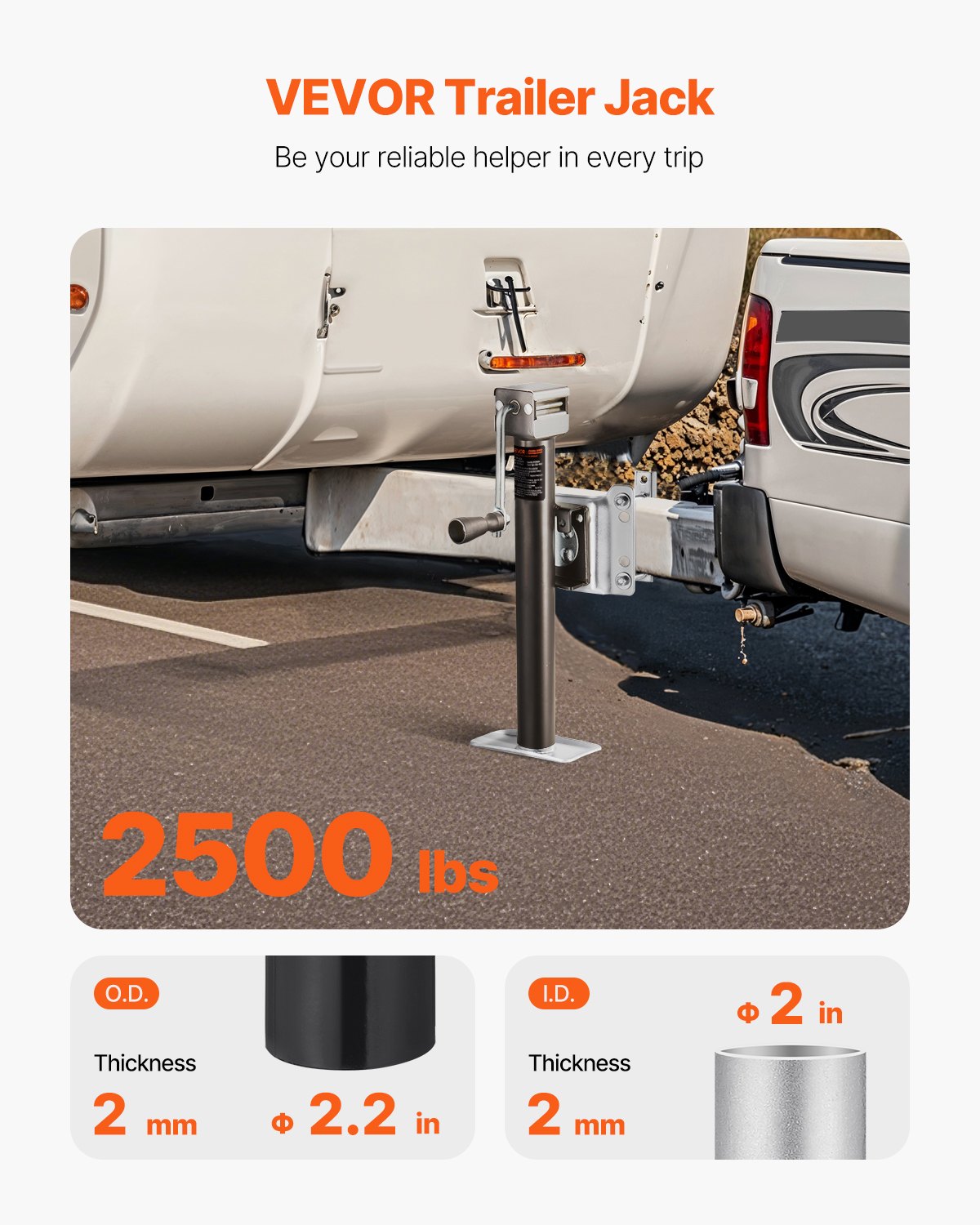 VEVOR Trailer Jack, 2500 lbs Dynamic Load Capacity, Heavy Duty Swivel Bolt-on Trailer Jack with Ergonomic Handle, 15-inch Vertical Travel, Suitable for RV, Horse, Utility, Camping and Yacht Trailers - BSLSTCQJDSYKX2XM4001V0 - view 3