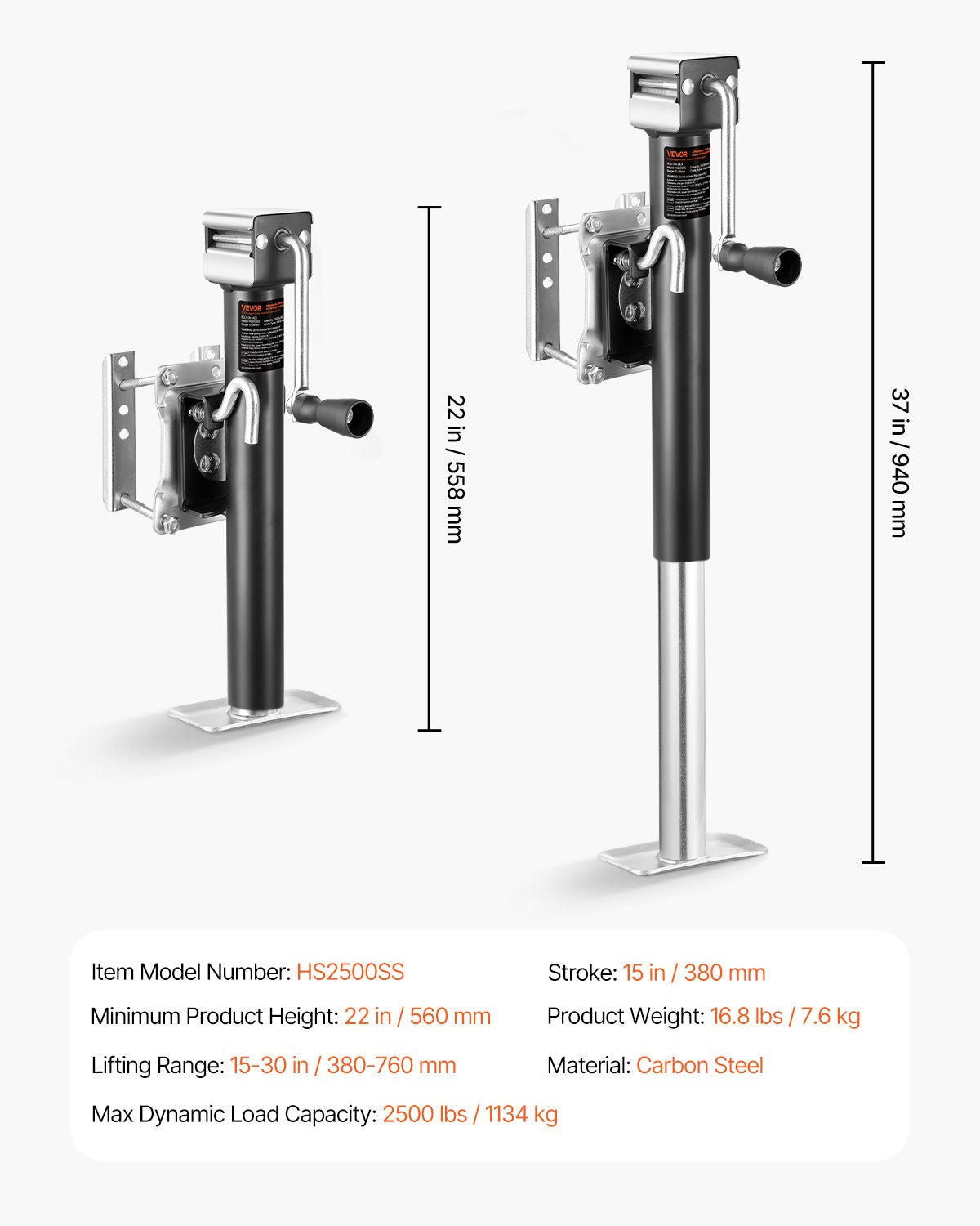 VEVOR Trailer Jack, 2500 lbs Dynamic Load Capacity, Heavy Duty Swivel Bolt-on Trailer Jack with Ergonomic Handle, 15-inch Vertical Travel, Suitable for RV, Horse, Utility, Camping and Yacht Trailers - BSLSTCQJDSYKX2XM4001V0 - view 8