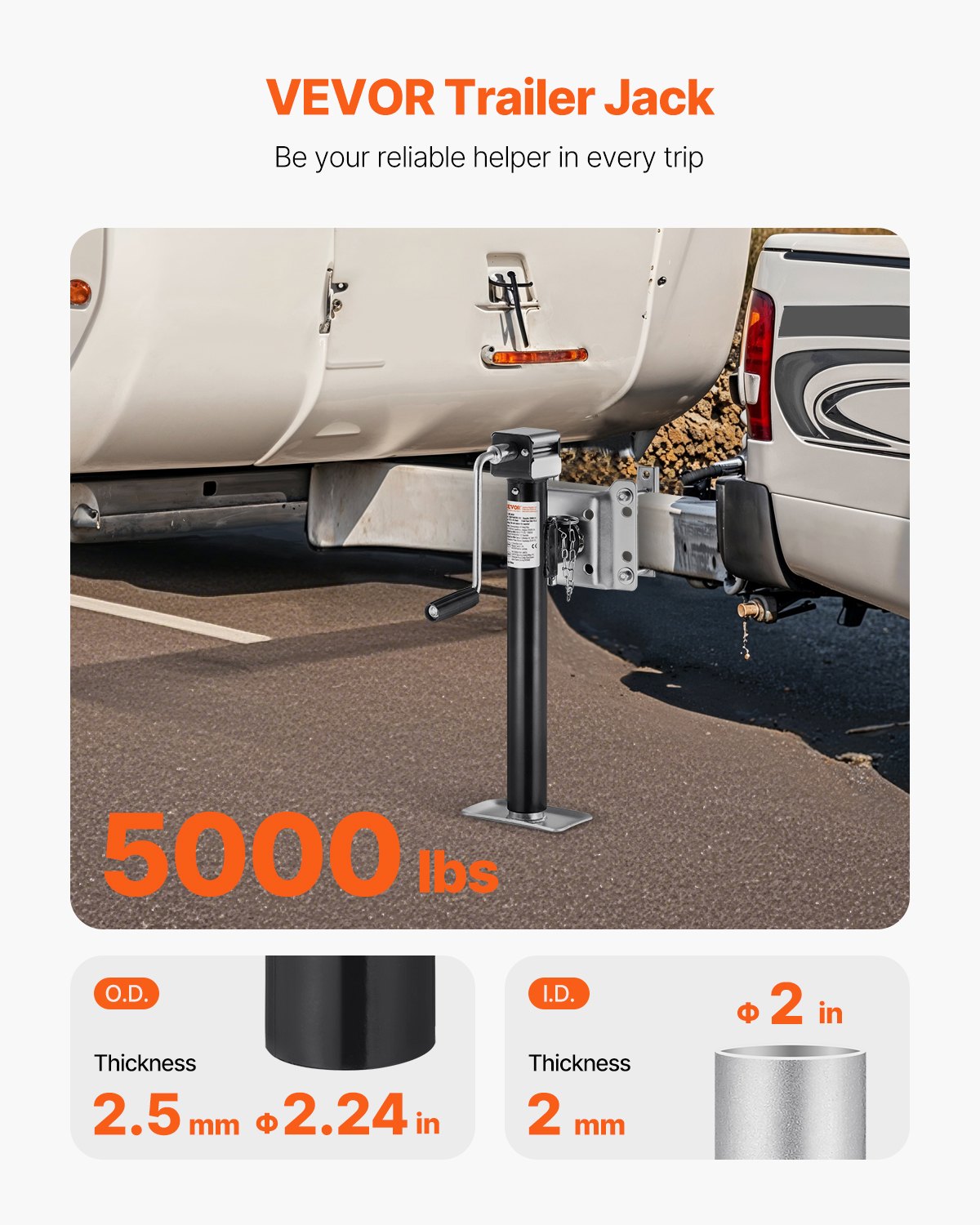 VEVOR Trailer Jack, 5000 lbs Dynamic Load Capacity, Heavy Duty Swivel Bolt-on Trailer Jack, 14.3" Lift Trailer Jack Stand with Handle for RV Trailer, Horse Trailer, Utility Trailer, and Yacht Trailer - BSLSTCQJDSYKZRU01V0 - view 3