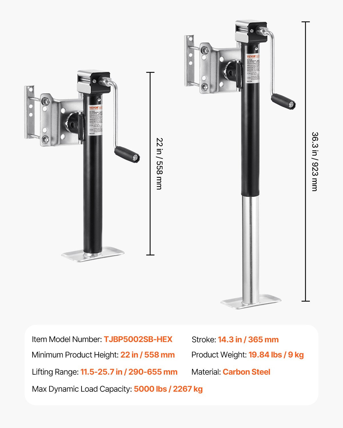 VEVOR Trailer Jack, 5000 lbs Dynamic Load Capacity, Heavy Duty Swivel Bolt-on Trailer Jack, 14.3" Lift Trailer Jack Stand with Handle for RV Trailer, Horse Trailer, Utility Trailer, and Yacht Trailer - BSLSTCQJDSYKZRU01V0 - view 8