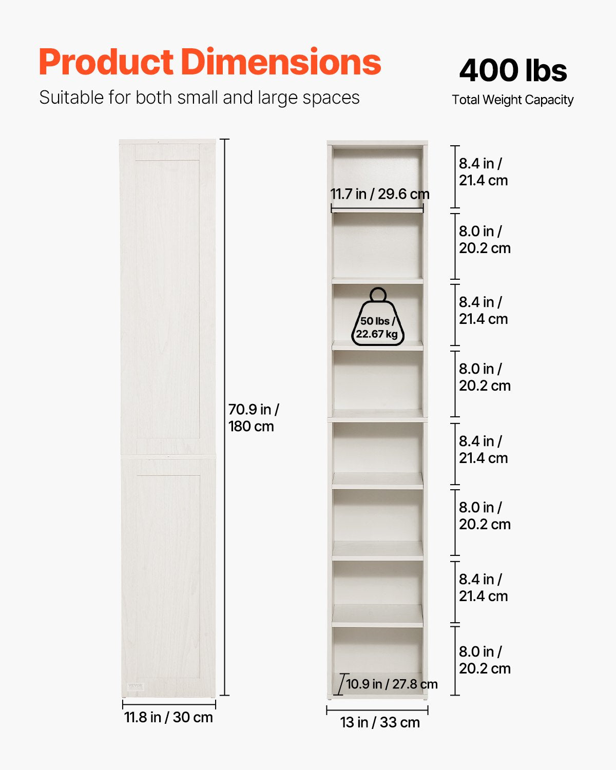 VEVOR 8 Tiers Narrow Bookshelf, 71 in Wooden Tall Open Bookcase with  Height-Adjustable Shelf, Freestanding Display Storage Floor Bookcase Bookshelf for Library, Bedroom, Living Room, Office, White - BSSJZFXBHB1LL260FV0 - view 3