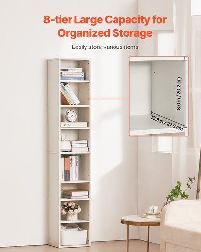 VEVOR 8 Tiers Narrow Bookshelf, 71 in Wooden Tall Open Bookcase with  Height-Adjustable Shelf, Freestanding Display Storage Floor Bookcase Bookshelf for Library, Bedroom, Living Room, Office, White - BSSJZFXBHB1LL260FV0 - view 4