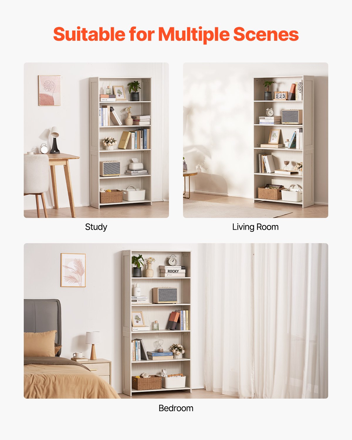 VEVOR 5 Tiers Wide Bookshelf, 68 in Wooden Open Bookcase with Display Storage Organizer Shelf, Freestanding Tall Display Floor Bookcase Bookshelf for Library, Bedroom, Living Room, Office, White - BSSJZFXBHB1LUKRBCV0 - view 7