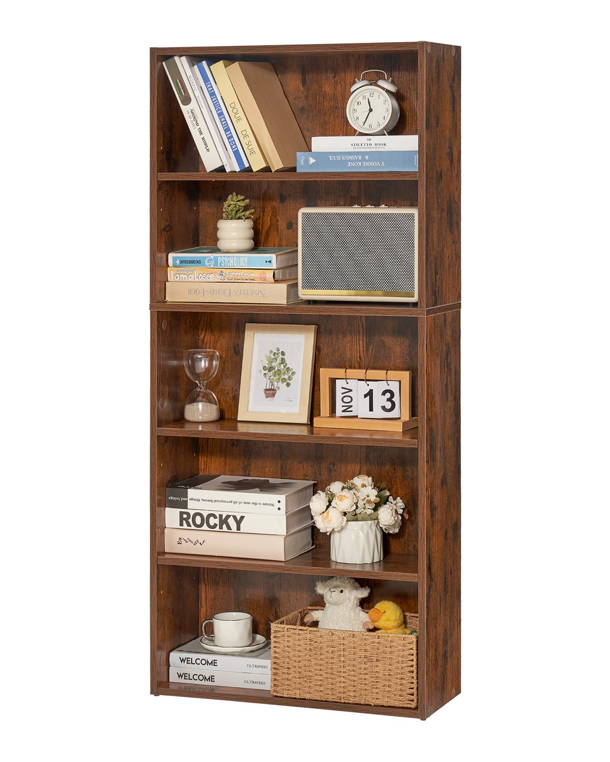 VEVOR 5 Tiers Narrow Bookshelf, 53 in Wooden Open Bookcase with Height-Adjustable Shelf, Freestanding Tall Display Storage Floor Bookcase Bookshelf for Library, Bedroom, Living Room, Office, Brown - BSSJZFXBHB1LXY2KAV0 - view 1