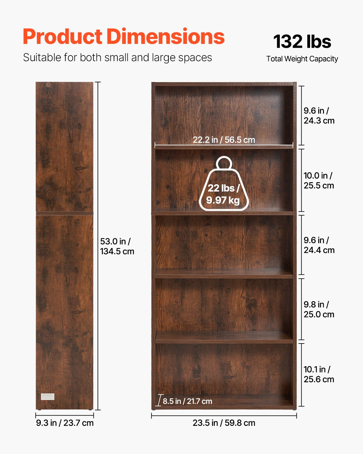 VEVOR 5 Tiers Narrow Bookshelf, 53 in Wooden Open Bookcase with Height-Adjustable Shelf, Freestanding Tall Display Storage Floor Bookcase Bookshelf for Library, Bedroom, Living Room, Office, Brown - BSSJZFXBHB1LXY2KAV0 - view 3