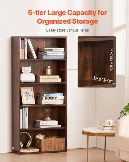 VEVOR 5 Tiers Narrow Bookshelf, 53 in Wooden Open Bookcase with Height-Adjustable Shelf, Freestanding Tall Display Storage Floor Bookcase Bookshelf for Library, Bedroom, Living Room, Office, Brown - BSSJZFXBHB1LXY2KAV0 - view 4