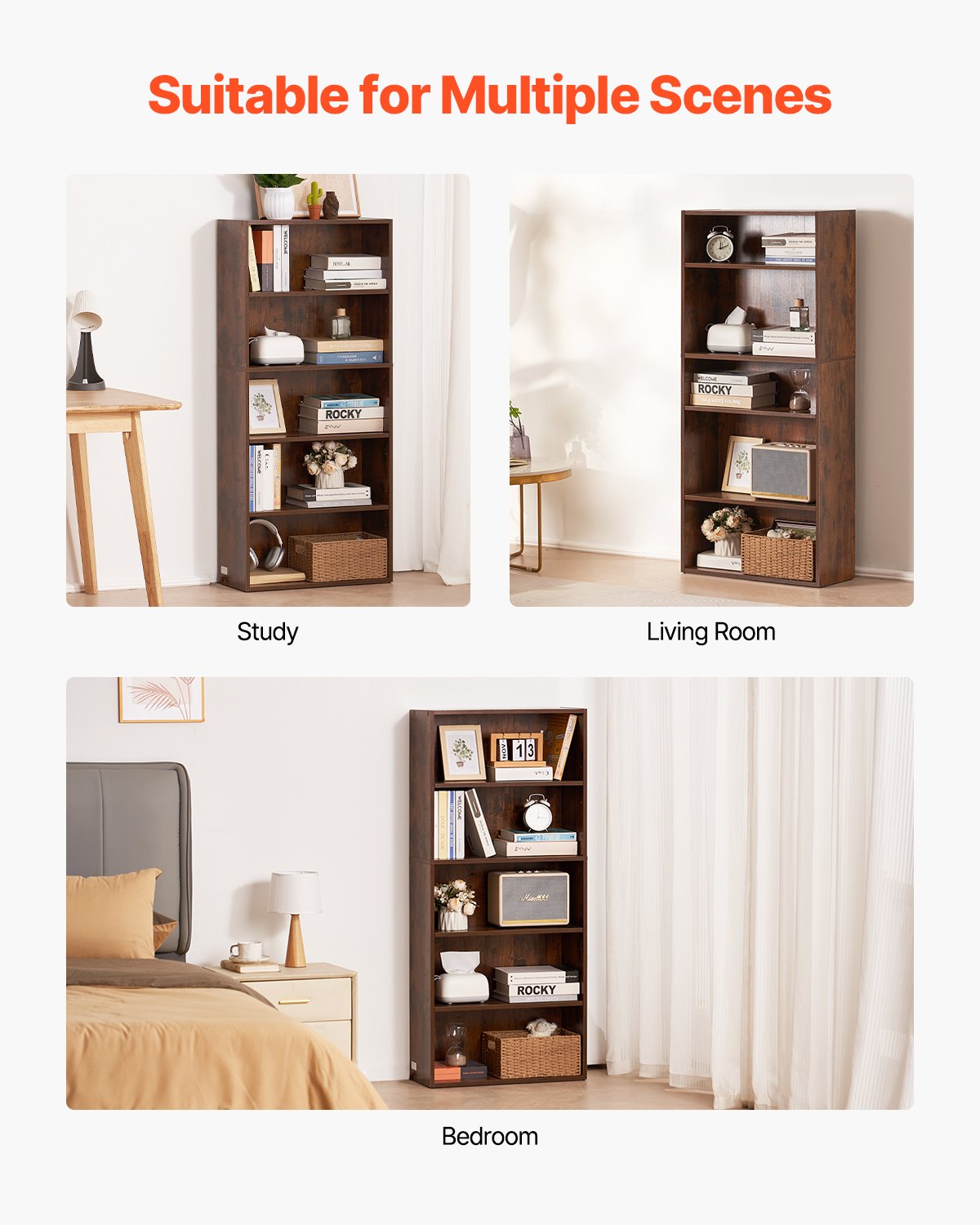 VEVOR 5 Tiers Narrow Bookshelf, 53 in Wooden Open Bookcase with Height-Adjustable Shelf, Freestanding Tall Display Storage Floor Bookcase Bookshelf for Library, Bedroom, Living Room, Office, Brown - BSSJZFXBHB1LXY2KAV0 - view 7