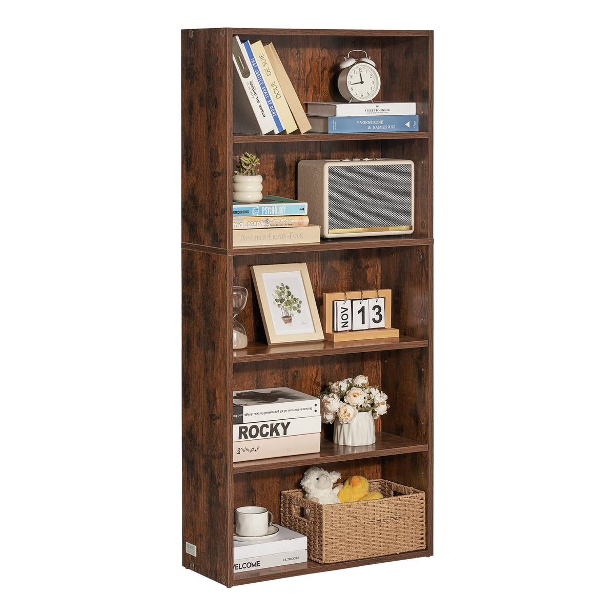 VEVOR 5 Tiers Narrow Bookshelf, 53 in Wooden Open Bookcase with Height-Adjustable Shelf, Freestanding Tall Display Storage Floor Bookcase Bookshelf for Library, Bedroom, Living Room, Office, Brown - BSSJZFXBHB1LXY2KAV0 - view 10