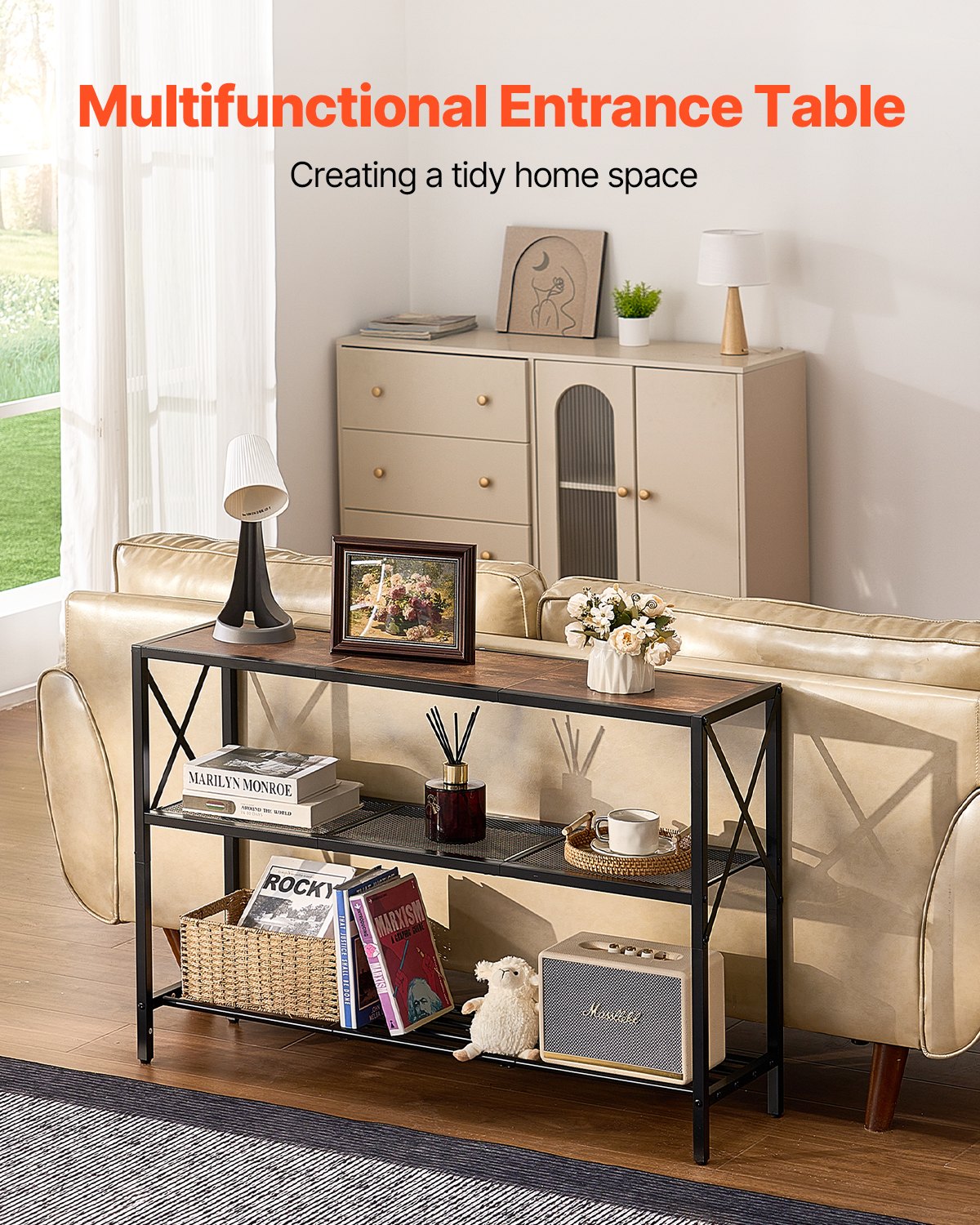 VEVOR Narrow Console Sofa Table, 41.7 inches Behind Couch Table, 3-Tier Long Entryway Table and Skinny Hallway Table, Narrow Sofa Table with Metal Frame, for Entryway, Hallway, Living Room & Bedroom - BSXGZDCK39418RBBZV0 - view 3