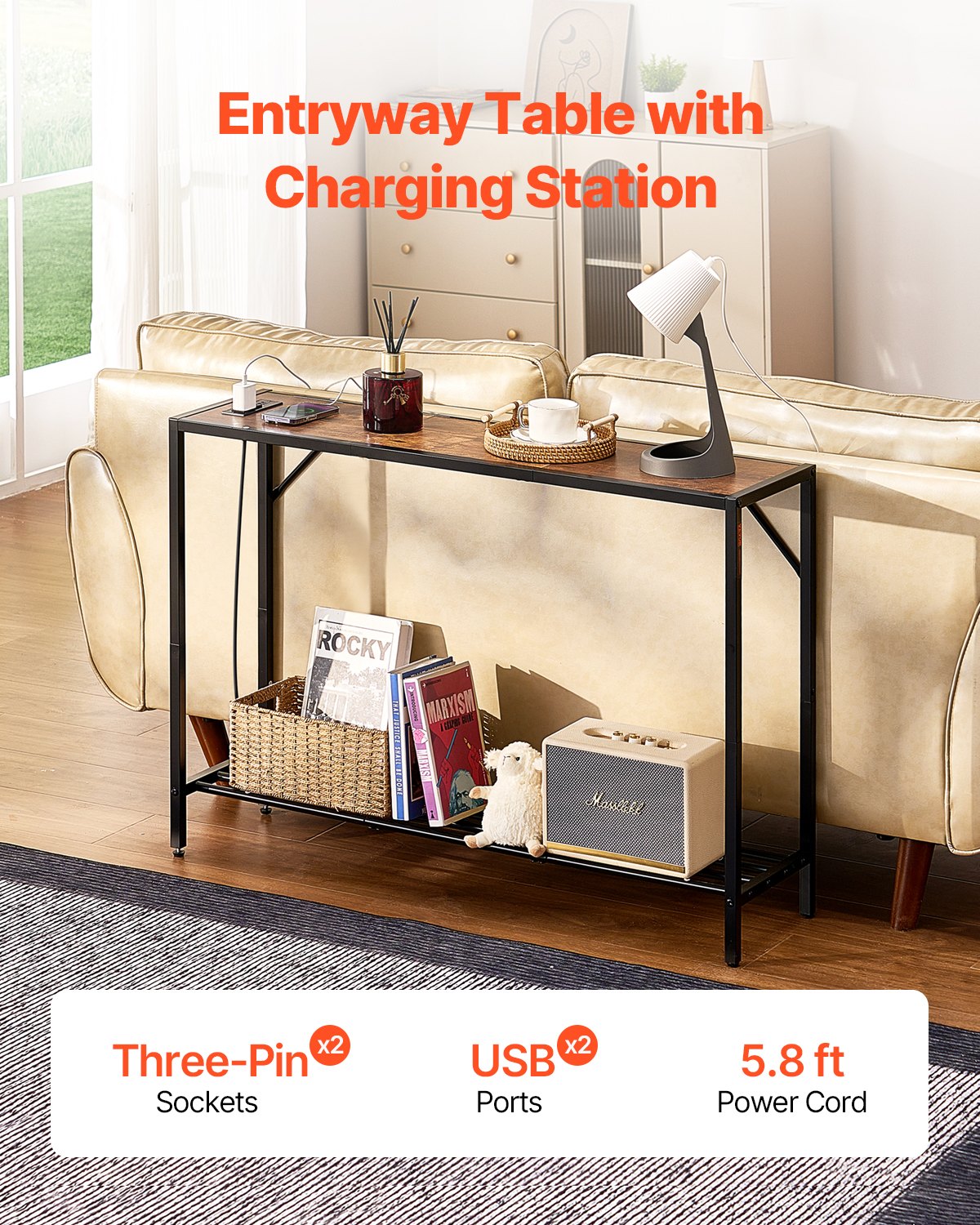 VEVOR Narrow Console Table, 41.7" Behind Couch Table with Power Outlets, 2-Tier Long Entryway Table, Sofa Table with Metal Frame and Charge Station, for Entryway, Hallway, Living Room - BSXGZDCK4171W3Q5FV1 - view 3