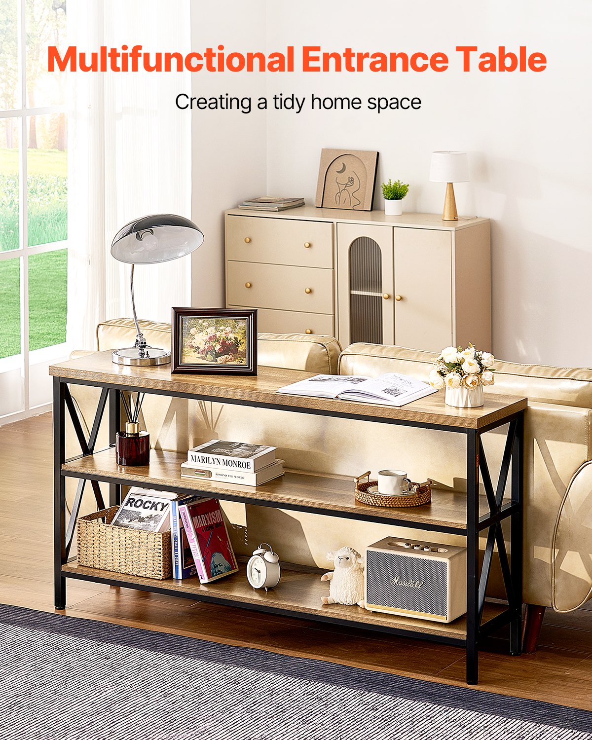 VEVOR Narrow Console Sofa Table, 55.1 inches Behind Couch Table, 3-Tier Long Entryway Table and Skinny Hallway Table, Narrow Sofa Table with Metal Frame, for Entryway, Hallway, Living Room & Bedroom - BSXGZDCK5512VD5KRV0 - view 3