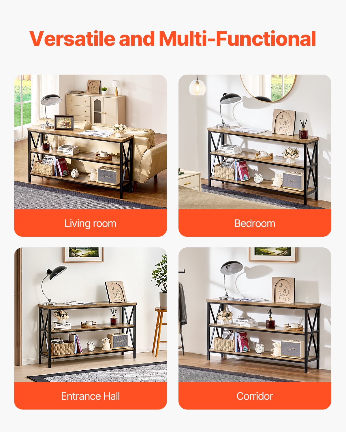 VEVOR Narrow Console Sofa Table, 55.1 inches Behind Couch Table, 3-Tier Long Entryway Table and Skinny Hallway Table, Narrow Sofa Table with Metal Frame, for Entryway, Hallway, Living Room & Bedroom - BSXGZDCK5512VD5KRV0 - view 8