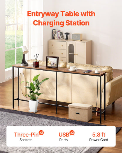 VEVOR Narrow Console Table, 70.9" Behind Couch Table with Power Outlets, 1-Tier Long Entryway Table, Narrow Sofa Table with Metal Frame and Charge Station, for Entryway, Hallway, Living Room - BSXGZDCK7097G7KJJV1 - view 3