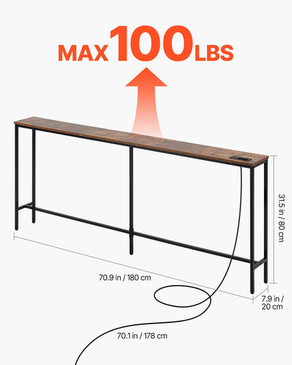 VEVOR Narrow Console Table, 70.9" Behind Couch Table with Power Outlets, 1-Tier Long Entryway Table, Narrow Sofa Table with Metal Frame and Charge Station, for Entryway, Hallway, Living Room - BSXGZDCK7097G7KJJV1 - view 4