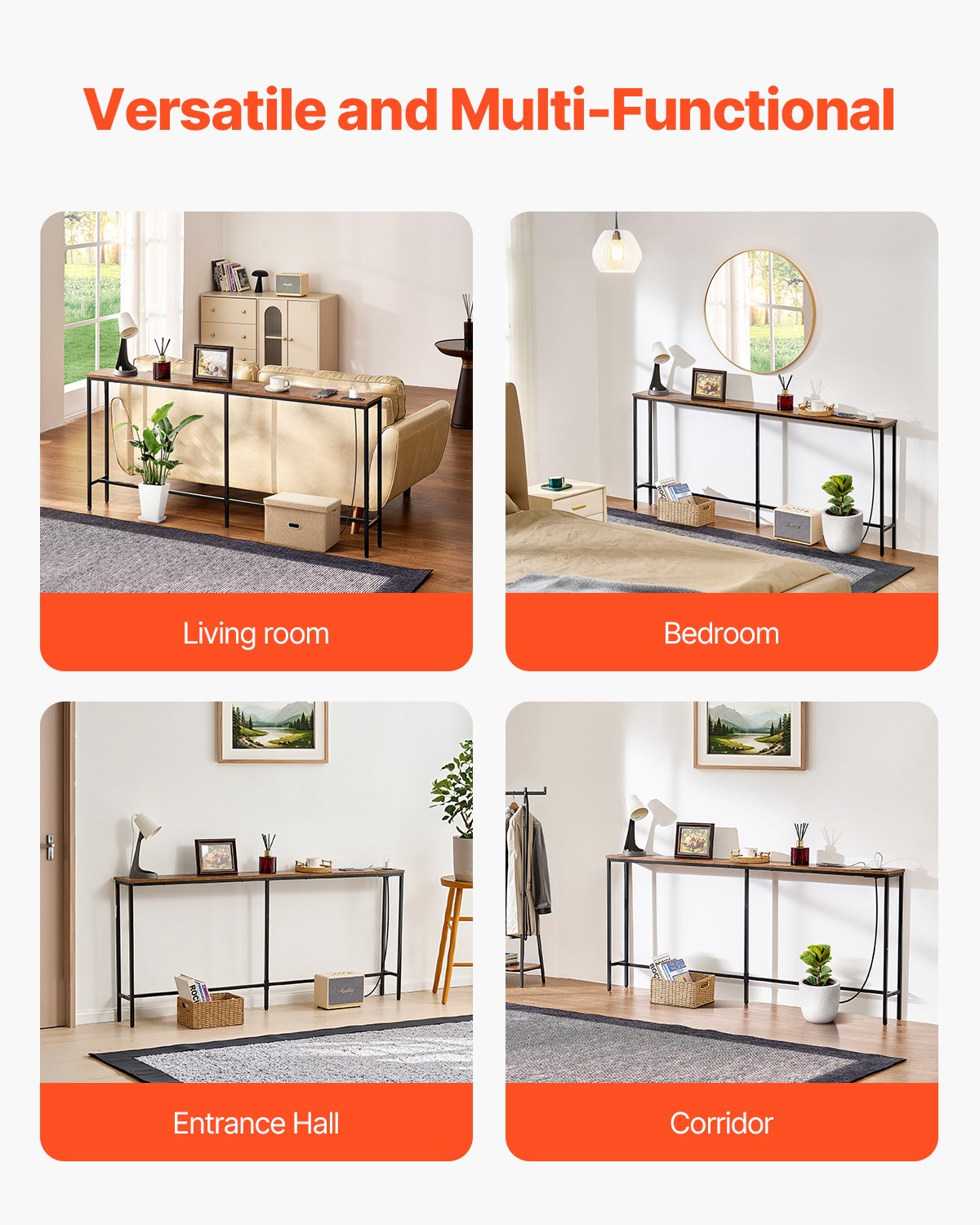 VEVOR Narrow Console Table, 70.9" Behind Couch Table with Power Outlets, 1-Tier Long Entryway Table, Narrow Sofa Table with Metal Frame and Charge Station, for Entryway, Hallway, Living Room - BSXGZDCK7097G7KJJV1 - view 8