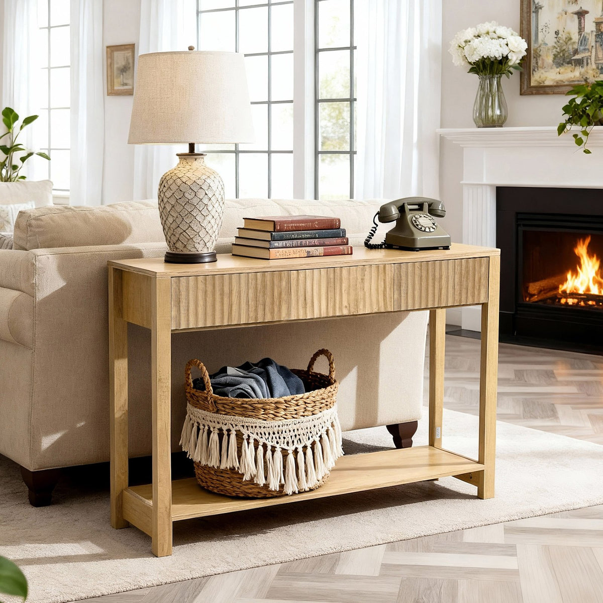 VEVOR 47 in Console Table, Farmhouse Desk Behind the Couch with Drawers and Bottom Storage Shelf, Wooden Rectangle Entrance Narrow Sofa Table for Hallway, Bedroom, Living Room, Foyer, Burlywood - BSXGZEKNSFCTN6JPE001V0 - view 1