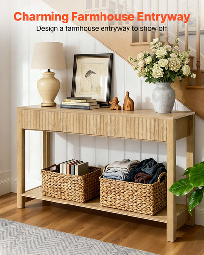 VEVOR 47 in Console Table, Farmhouse Desk Behind the Couch with Drawers and Bottom Storage Shelf, Wooden Rectangle Entrance Narrow Sofa Table for Hallway, Bedroom, Living Room, Foyer, Burlywood - BSXGZEKNSFCTN6JPE001V0 - view 3