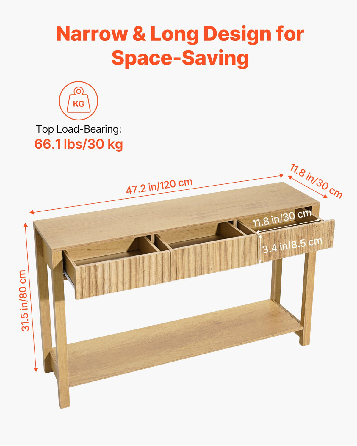 VEVOR 47 in Console Table, Farmhouse Desk Behind the Couch with Drawers and Bottom Storage Shelf, Wooden Rectangle Entrance Narrow Sofa Table for Hallway, Bedroom, Living Room, Foyer, Burlywood - BSXGZEKNSFCTN6JPE001V0 - view 4