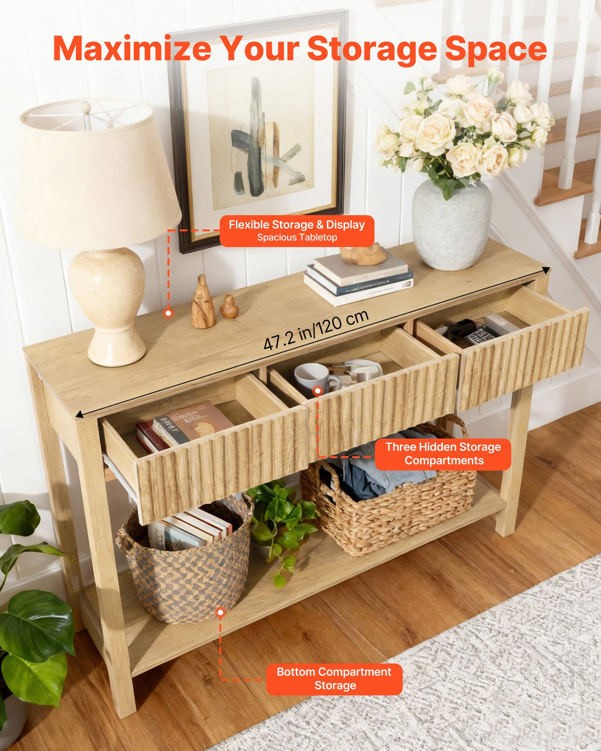 VEVOR 47 in Console Table, Farmhouse Desk Behind the Couch with Drawers and Bottom Storage Shelf, Wooden Rectangle Entrance Narrow Sofa Table for Hallway, Bedroom, Living Room, Foyer, Burlywood - BSXGZEKNSFCTN6JPE001V0 - view 5
