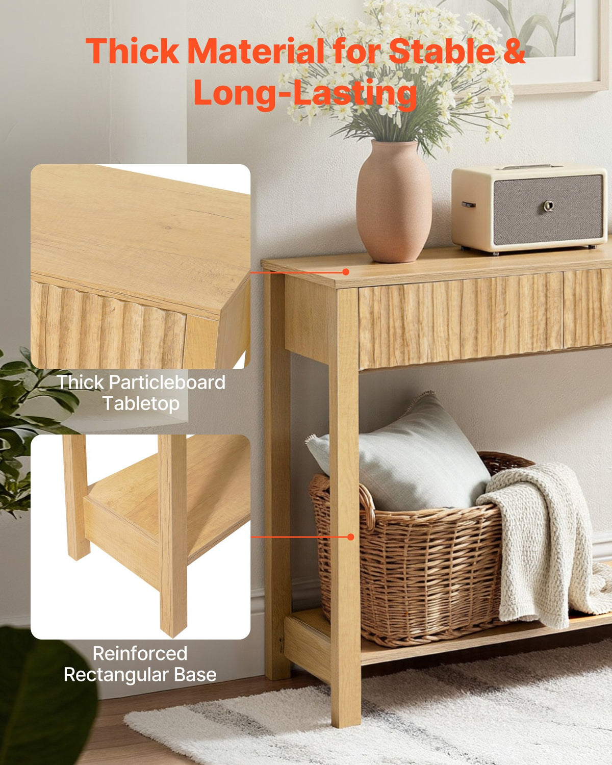 VEVOR 47 in Console Table, Farmhouse Desk Behind the Couch with Drawers and Bottom Storage Shelf, Wooden Rectangle Entrance Narrow Sofa Table for Hallway, Bedroom, Living Room, Foyer, Burlywood - BSXGZEKNSFCTN6JPE001V0 - view 6