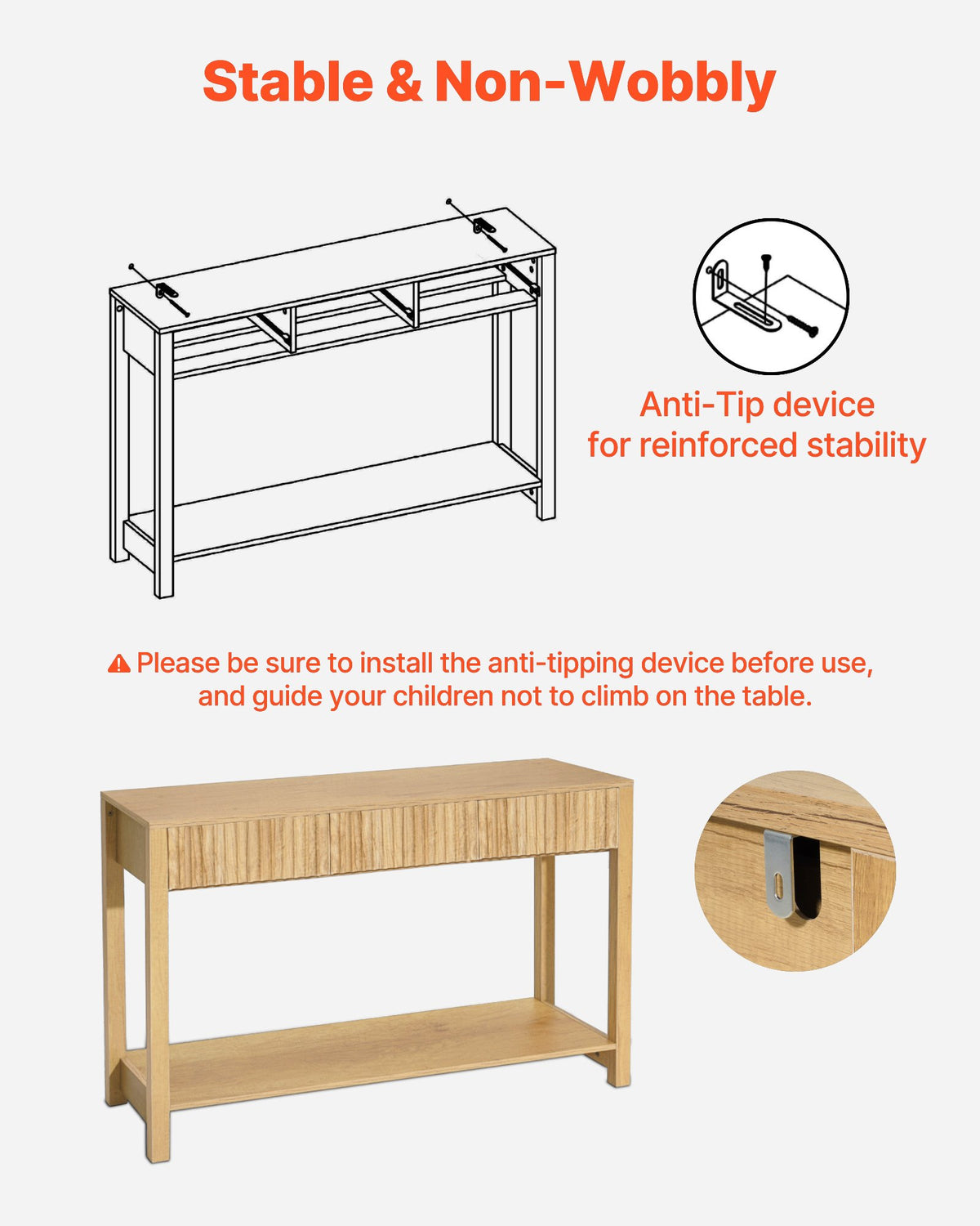 VEVOR 47 in Console Table, Farmhouse Desk Behind the Couch with Drawers and Bottom Storage Shelf, Wooden Rectangle Entrance Narrow Sofa Table for Hallway, Bedroom, Living Room, Foyer, Burlywood - BSXGZEKNSFCTN6JPE001V0 - view 7