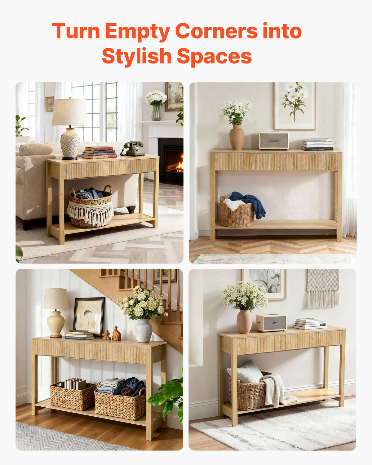 VEVOR 47 in Console Table, Farmhouse Desk Behind the Couch with Drawers and Bottom Storage Shelf, Wooden Rectangle Entrance Narrow Sofa Table for Hallway, Bedroom, Living Room, Foyer, Burlywood - BSXGZEKNSFCTN6JPE001V0 - view 8