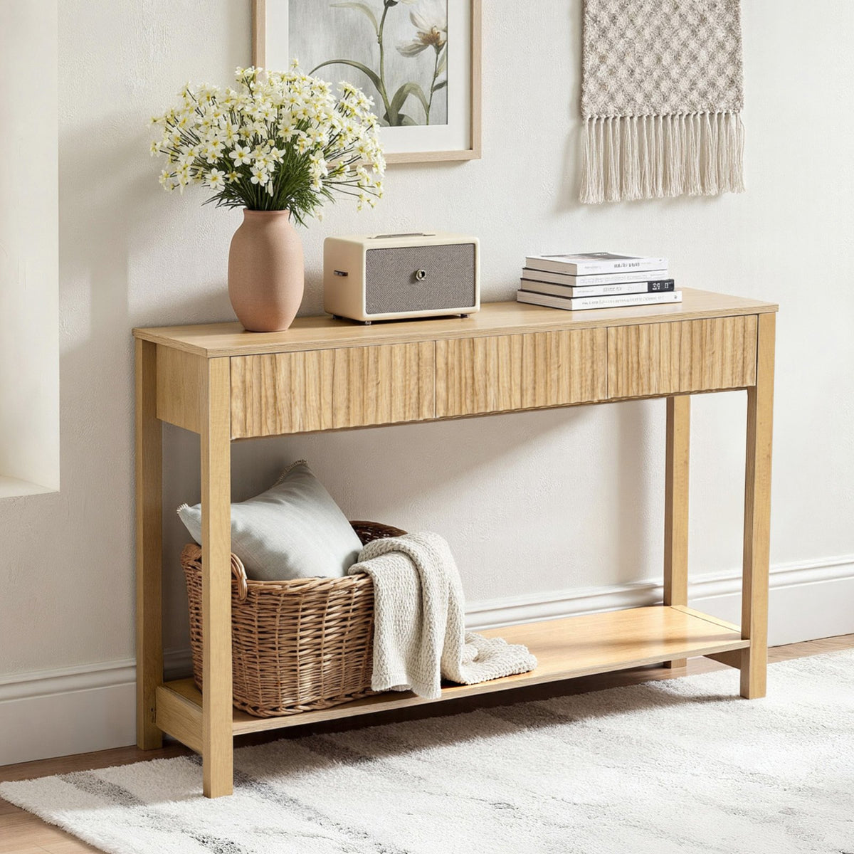 VEVOR 47 in Console Table, Farmhouse Desk Behind the Couch with Drawers and Bottom Storage Shelf, Wooden Rectangle Entrance Narrow Sofa Table for Hallway, Bedroom, Living Room, Foyer, Burlywood - BSXGZEKNSFCTN6JPE001V0 - view 9