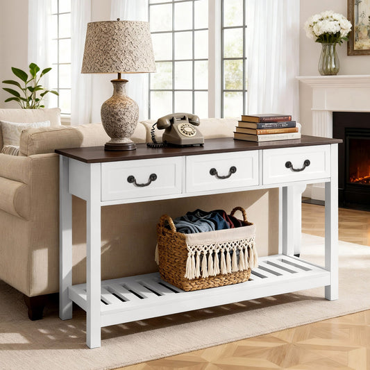 VEVOR 47 in Console Table, Farmhouse Desk Behind the Couch with Drawers and Bottom Storage Shelf, Wooden Rectangle Entrance Narrow Sofa Table for Hallway, Bedroom, Living Room, Foyer, Brown + White - BSXGZEKNSFCTTF2IY001V0 - view 1
