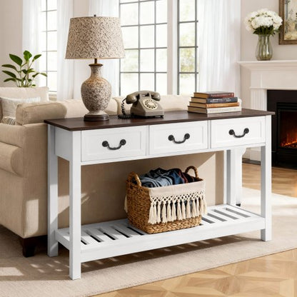 VEVOR 47 in Console Table, Farmhouse Desk Behind the Couch with Drawers and Bottom Storage Shelf, Wooden Rectangle Entrance Narrow Sofa Table for Hallway, Bedroom, Living Room, Foyer, Brown + White - BSXGZEKNSFCTTF2IY001V0 - view 2