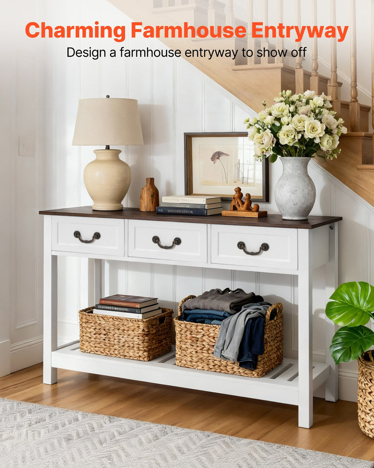 VEVOR 47 in Console Table, Farmhouse Desk Behind the Couch with Drawers and Bottom Storage Shelf, Wooden Rectangle Entrance Narrow Sofa Table for Hallway, Bedroom, Living Room, Foyer, Brown + White - BSXGZEKNSFCTTF2IY001V0 - view 3