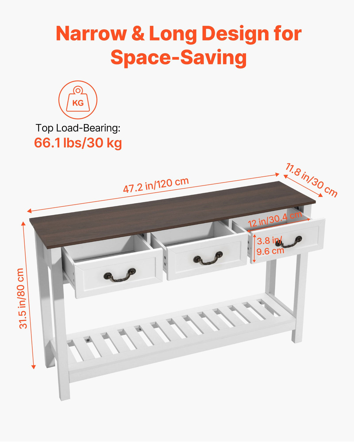 VEVOR 47 in Console Table, Farmhouse Desk Behind the Couch with Drawers and Bottom Storage Shelf, Wooden Rectangle Entrance Narrow Sofa Table for Hallway, Bedroom, Living Room, Foyer, Brown + White - BSXGZEKNSFCTTF2IY001V0 - view 4
