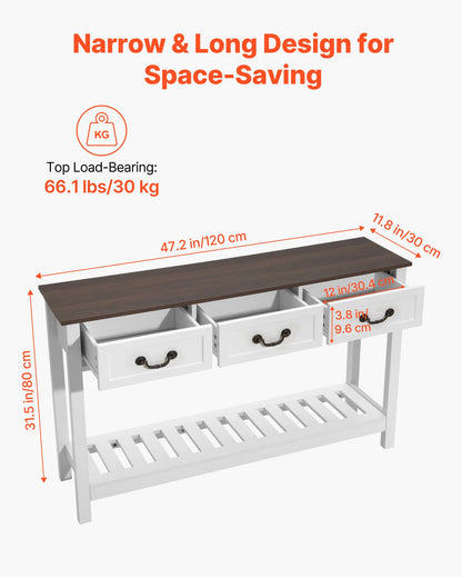 VEVOR 47 in Console Table, Farmhouse Desk Behind the Couch with Drawers and Bottom Storage Shelf, Wooden Rectangle Entrance Narrow Sofa Table for Hallway, Bedroom, Living Room, Foyer, Brown + White - BSXGZEKNSFCTTF2IY001V0 - view 4