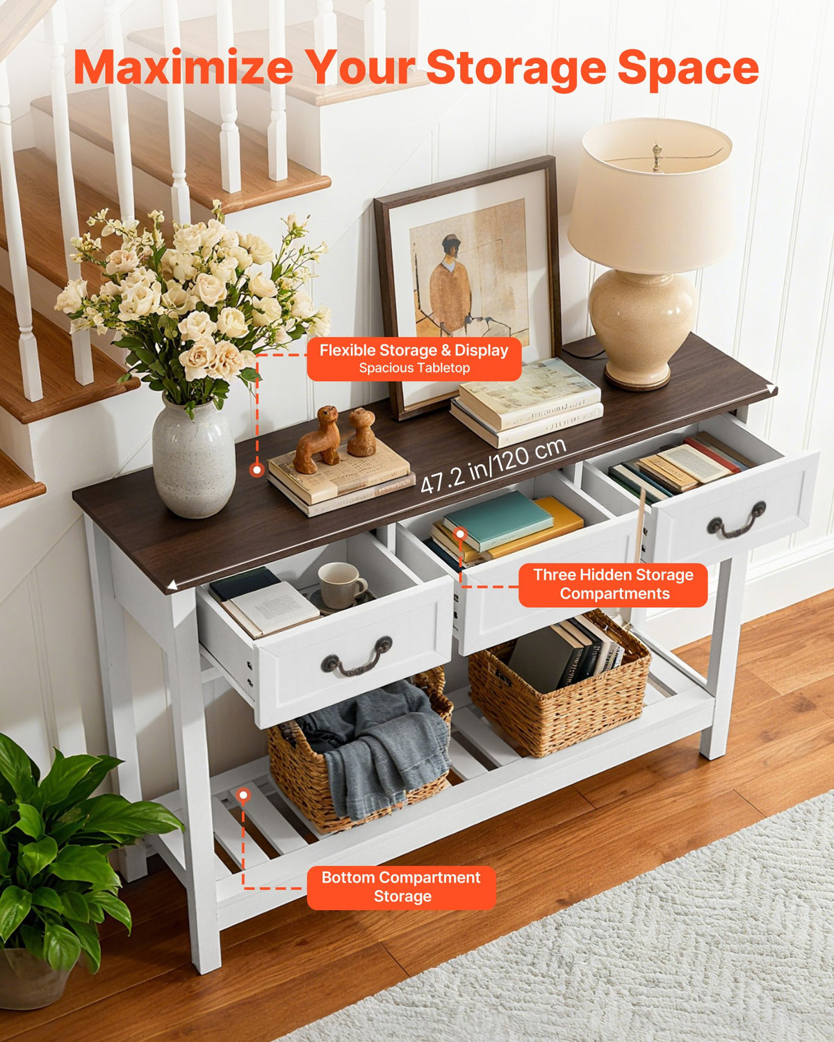 VEVOR 47 in Console Table, Farmhouse Desk Behind the Couch with Drawers and Bottom Storage Shelf, Wooden Rectangle Entrance Narrow Sofa Table for Hallway, Bedroom, Living Room, Foyer, Brown + White - BSXGZEKNSFCTTF2IY001V0 - view 5